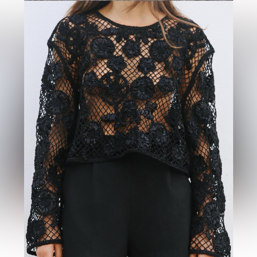Zara Long Sleeve Crochet Top (Black)